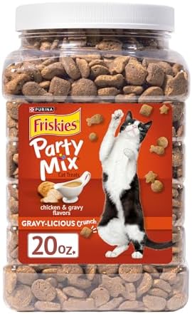 Purina Friskies Cat Treats, Party Mix Gravy-licious Crunch Chicken and Gravy Flavors - 20 oz. Canister
