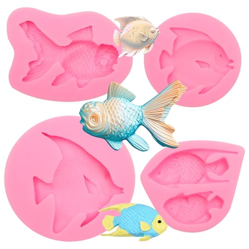 Ocean Fish Silicone Molds, 4-Piece Set, Fish-Shaped Fondant Molds for Cake Decorating Candy Making Crafts