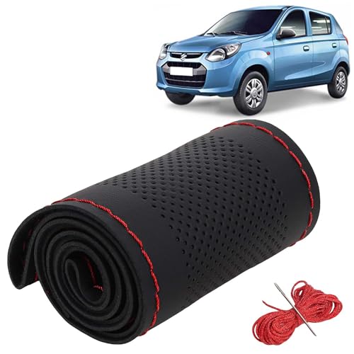 Image of KINGSWAY PU Leatherite Car Steering Cover Sewable Compatible with Maruti Suzuki Alto 800 (Year 2012 Onwards), Black Color with Red Thread, Pack of 1 with Sewing Needle and Thread