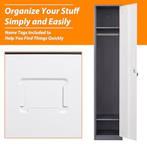 Image of Metal Locker for Home, Dressing Room, 71 inch Steel Storage Lockers for Employees, Lockable Locker Cabinet with 1 Door (Grey White)