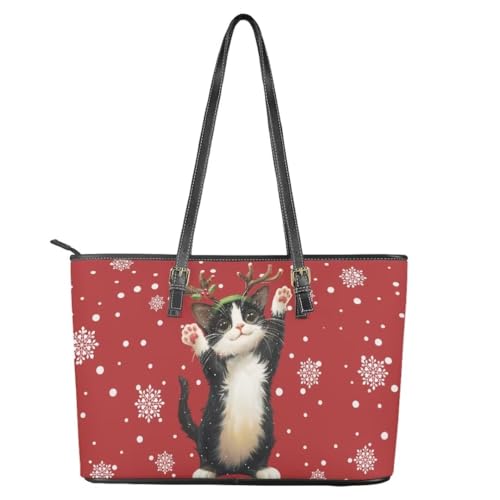 Image of Coldinair Christmas Leather Tote Bag for Women with Zipper Large Shoulder Tote Bag Shopping Casual Travel Bag Handbag Purse