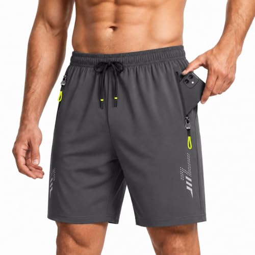 Image of UoQo Mens Quick Dry Swim Shorts Zip Pockets Drawstring Beach Trunks (UK, Alpha, L, Regular, Regular, Grey)