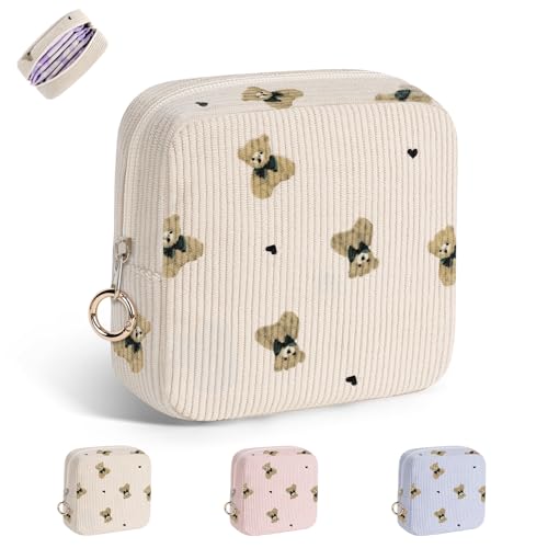 Image of Cute Period Bag for Teen Girls, Bears Corduroy Sanitary Napkin Storage Bag, Menstrual Pad Pouch Tampon Holder for Purse (Khaki)