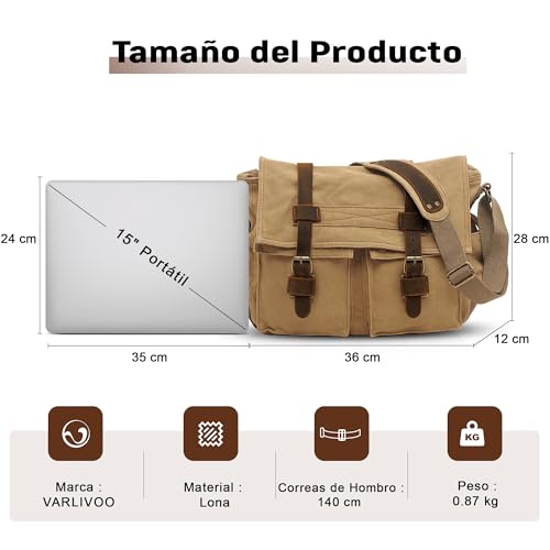 Bandolera grande de 15" portátil en lona vintage para trabajo y escuela 6