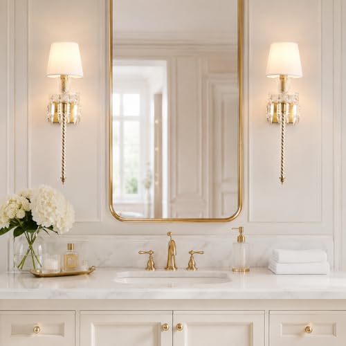 Image of Modern Crystal Wall Sconce with Linen Shade Vintage Crystal Gold Wall Light Modern Glass Golden Wall Lamp for Bedroom, Hallway, Living Room, Mirror
