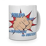 printplanet Tasse mit Namen Philipp - Motiv Verprügeln - Namenstasse, Kaffeebecher, Mug, Becher, Kaffeetasse - Farbe Weiß
