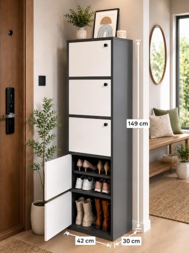 Image of EXVITO Modern Tall Shoe Cabinet, Wooden Flip Door Shoe Storage Cabinet, 4-Door Narrow Entryway Shoe Organizer with Multi-Tier Shelves, Space Saving Shoe Rack for Hallway, (Black-White, 5 Door)