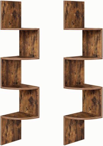 Image of Wooden Corner Shelf Wall-Mounted, Set of 2 Floating Corner Shelves for Wall, 4-Tier Corner Bookshelves for Living Room, Bedroom, Bathroom, Home Office (Brown Finish)