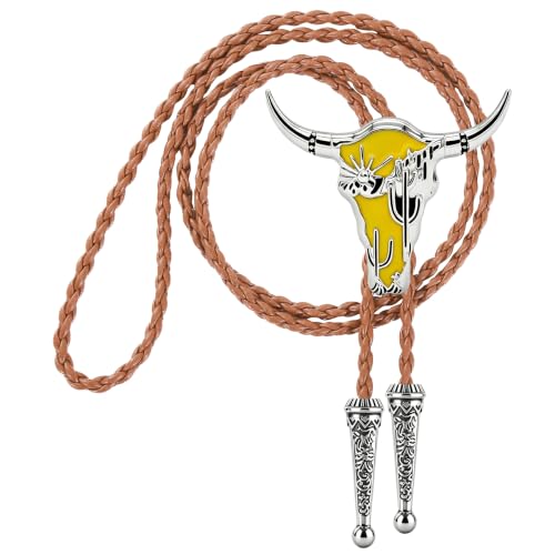 Image of GelConnie Bolero Ties Men Yellow Longhorn Cactus Cowboy Bolo Tie Western | Yellow Longhorn Cactus Cowboy Bolo Tie with Enamel Accent, Adjustable Faux Leather Cord for Bolero Ties Men and Ranch Outfit