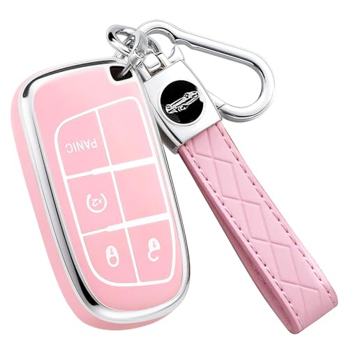 Key Fob Cover for Jeep - Premium Soft TPU Shell Full Protection Case with Keychain Fits Grand Cherokee Compass Renegade Chrysler Dodge RAM Durango Challenger Journey Dart Fiat Pink 4-Button