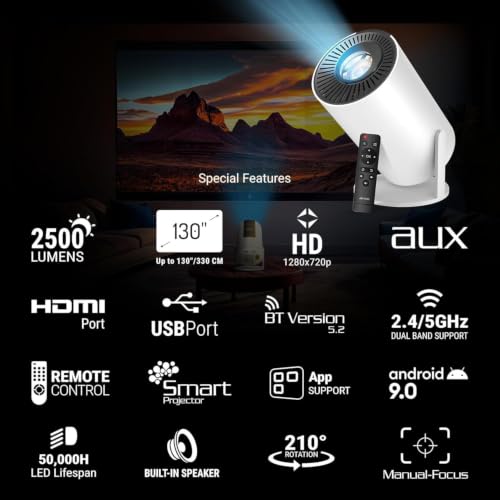 Image of Portable Mini Projector, 4K 1080P Full HD Projector, Support Video Projector, WiFi 5G BT 5.0, Cinema Projector 180 Can Be Rotated, Android 11, Compatible with TV Stick for Kids and Adults.