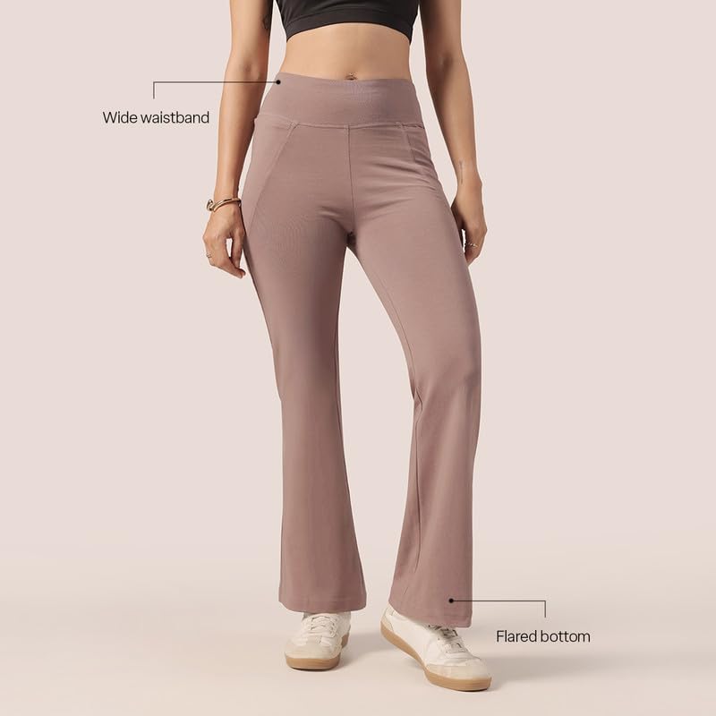 Image of Blissclub AM:PM Cotton Flare Pants for Women Above 5'5 ft Tall | Wide Waistband, 4 Pockets | Bell Bottom Pants and high Waist Trousers for Office wear