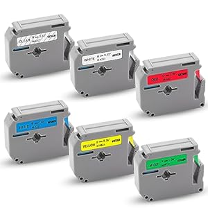 6x XemaX Label Tape Vervanging voor Brother M-K121 M-K221 M-K421 M-K521 M-K621 M-K721 9mm x 8m Brother P-Touch M Etikettenband Compatibel voor Brother PT-65 PT-90 PT-M95 PT-80 PT-110 PT-70 PT-85 PT-60