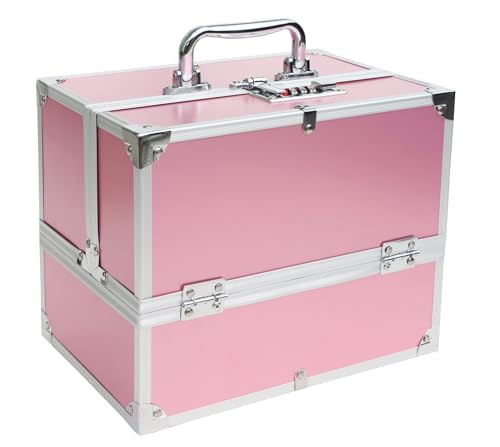 Image of Adson Professional Beauty Make Up Cosmetic Vanity Box /Case 4 Trays with Mirror (Plain Light Rose Pink)