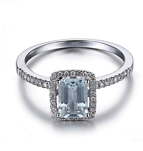 Gowe 7 x 5 Smaragdschliff Aquamarin Pavé, natürliche Diamanten Ring massiv 10 K Weiß Gold Damen-Ehering Verlobungsring Edelsteine Schmuck