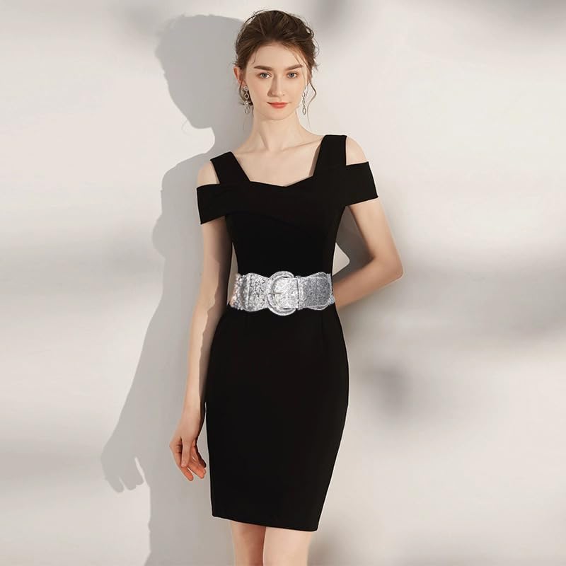 COTIM COYIN Womens Sequin Wide Buckle Stretchy Belt, Sparkly Glitter Vintage Elastic Belts for Dress Stretchy Waistband 6