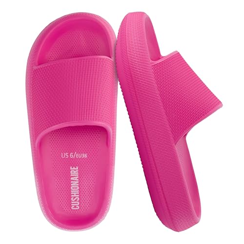 CUSHIONAIRE Feather EVA Slides for Women  Comfortable Slip On Womens Slippers, Indoor Outdoor Shower Shoes, Beach Essential Cloud Slides