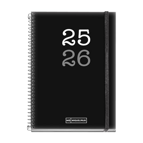 Miquelrius - Agenda Escolar 2025 2026, Planificación 12 Meses: de Septiembre a Agosto, Tamaño 117 x 174 mm, Día Página, Cubierta de Polipropileno Opaco, Cierre con Goma, Español-Inglés
