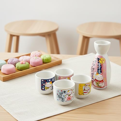 Image of Goaste 5 Pieces Ceramic Japanese Sake Set, Durable Maneki Neko Sake Cups, Handmade Pottery Sake Glasses with 1 Bottle and 4 Cups in Cute Fortune Cat Pattern for Home Decoration, Gifting