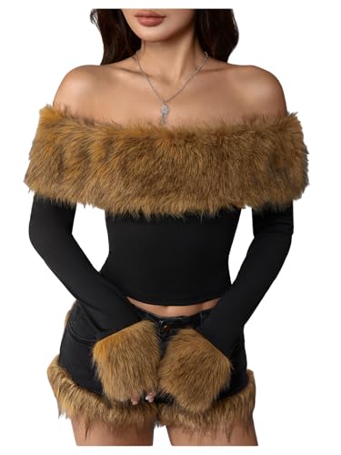 Milumia Women's Faux Fur Top Off Shoulder Long Sleeve Fuzzy Y2k