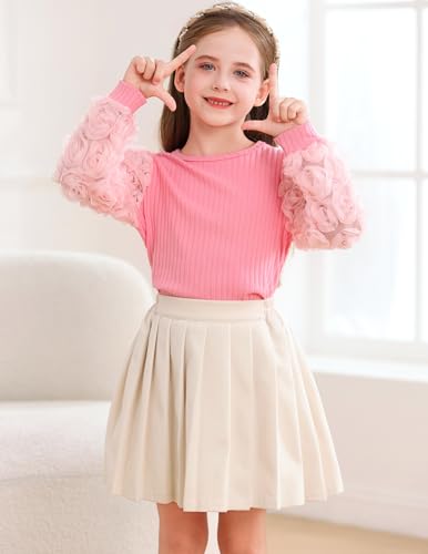 Image of Girls Casual Crewneck Ruffle Flower Long Sleeve Solid Kint Sweatshirts Loose Fit Blouse Fashion Shirts