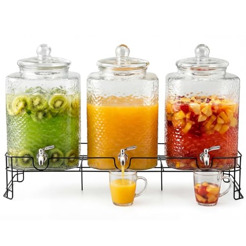 Tiangrid 3 Pack 5 Gallon Glass Drink Dispensers with Stand for Party Leak Proof Large Beverage Dispensers Jugs with Stainless Steel Spigots for Party Wedding Juice Lemonade Iced Tea and More