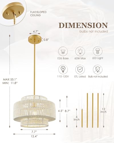 Image of 12.5 inch Boho Rattan Chandelier, Gold Finish, AD-25050-1P-WH | 1-Light 3-Tier Hand Woven Pendant Light Fixture, White Hanging Light for Entryway Bedroom Hallway, Adjustable Height