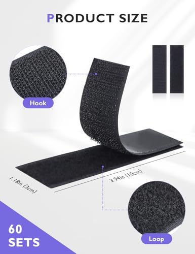 Image of 60 Sets Hook and Loop Strips with Adhesive, Nylon Strips with Adhesive for Home or Office Use, 1 x 4 Inches