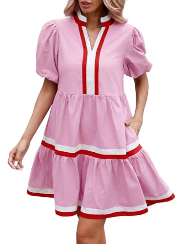 Image of LifeShe Womens Puff Sleeve Babydoll Dress V Neck Navy Blue Striped Color Block Tiered Mini Dresses