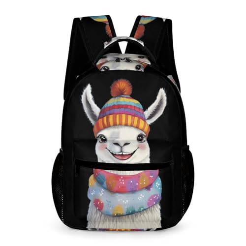 Cute Llama in Winter Travel Backpack Casual Daypack Shoulder Bag with Adjustable Shoulder Straps