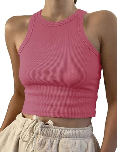 Image of Artfish Women Casual Basic Sleeveless High Neck Rib-Knit Y2k Crop Tank Top