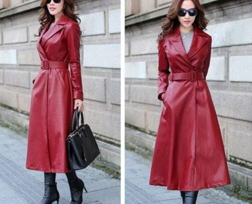 Women's Trench Coat Leather Lambskin Long Overcoat Jacket Real Genuine Black-Red For Women2