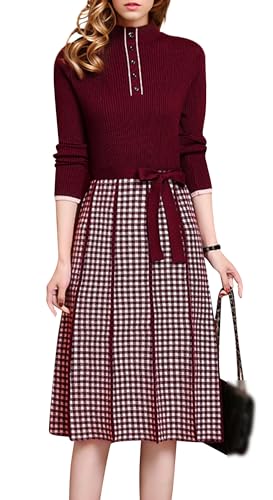 Image of LAI MENG FIVE CATS Women's Elegant Long Sleeve Sweater Plaid Knit Pullover Fall Midi Dress