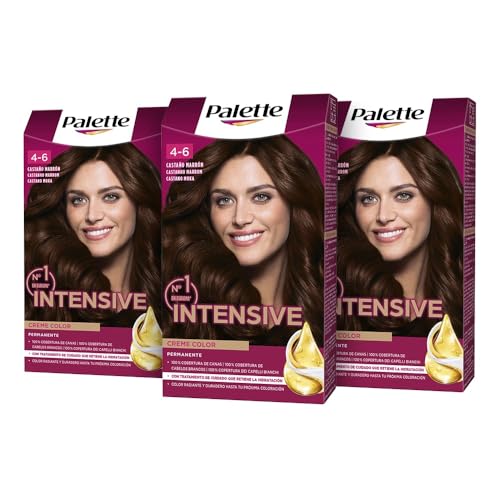 Palette Intensive Creme Color 4-6 Castaño Marrón, tinte permanente con aceite de macadamia y almendras, cubre el 100% de las canas y raíces, para un pelo radiante, Pack 3