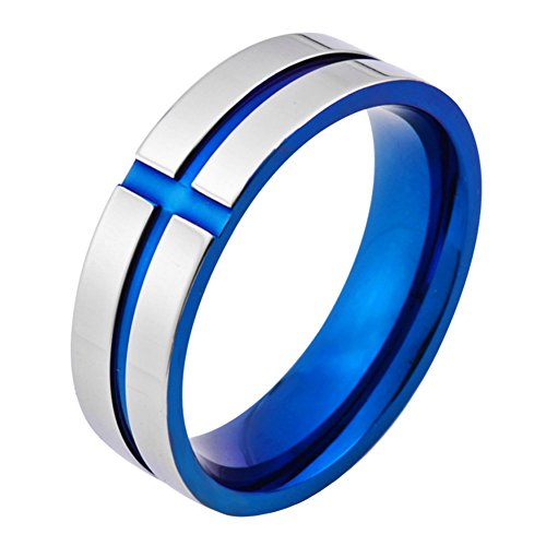 SINLEO Men's 6mm Titanium Classic Wedding Rings Christian Grooved Cross Line Engagement Band Silver Blue Size 11