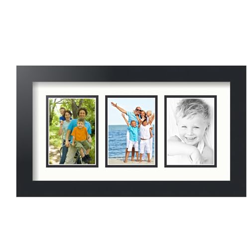ArtToFrames Collage Picture Frame 3 Opening 3-3.5x5 Photo Frame | Made in USA | Black Frame Fabric White and Black Mats | Wall Mount Multi Photo Display 17.5X10 Full Size