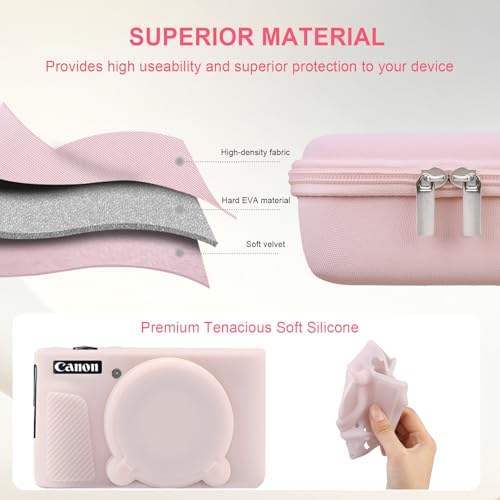 Image of Elonbo Camera Case for Canon PowerShot SX740 / SX730 Digital Camera, Canon SX740 / SX730 HS Hard Carrying Case + Soft Silicone Cover with Removable Lens Cover, Jelly Pink