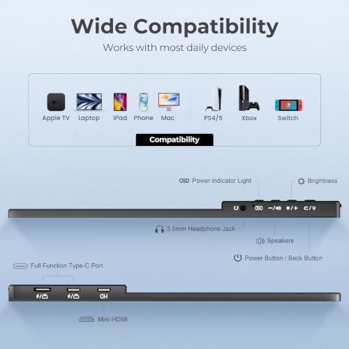 Image of UFYQL Portable Monitor 14 inch FHD1920x1200P Ultra-Slim Travel Display, 103% sRGB IPS Screen, with USB-C /HDMI Port for Laptop /PC /Mac /Phone /Xbox /PS4 /Switch - Built-in Speakers & Protective Cove