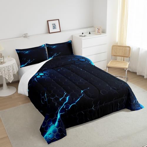 Image of Feelyou Lightning Honeycomb Comforter Hexagon Comforter Set Geometric Beehive Bedding Set for Kids Boys Girls Beehive Hexagon Duvet Set Room Decor Quilt Twin Size Boys