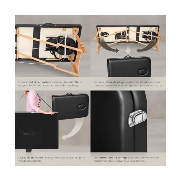 Table de Massage Pliante Professionnelle 3 Zones Massage et Relaxation Bois Table Esthetique Professionnel Cosmetique Lit de Massage Portable Repose Bras & Housse de Transport - Noir