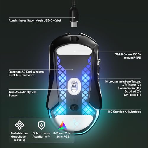 SteelSeries Aerox 9 Wireless - RGB Gaming-Mouse mit Öffnungen in der Oberfläche - Federleichtes, wasserabweisendes Design - 18 Tasten - Bluetooth/2,4 GHz – Optischer TrueMove Air-Sensor mit 18.000 DPI – Bild 5