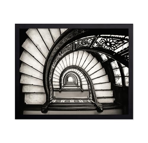 Monem Art Staircase At The Rookery Poster - Circular Staircase Print - Photography Art - Black & White Design - Modern Architectural Graphic - Living Room or Office Decor - 16x20 Black Framed