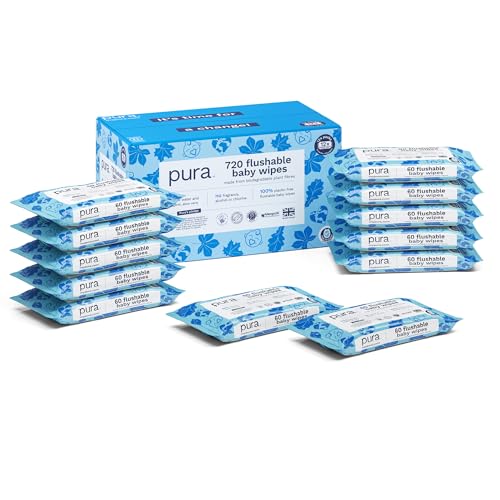 Pura Spülbare Öko-Baby-Feuchttücher für empfindliche Babyhaut, 720 Tücher (12 x 60 Tücher), Monatsbox, 99% Wasser, 100% Plastikfrei, für Sensible, zu Ekzemen Neigende Haut, Biologisch Abbaubar