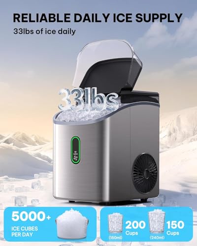 Image of Silonn Nugget Ice Maker Countertop-Soft Chewable Pebble Ice Machine with One-Click Operation & Self-Cleaning Function, 33lbs Ice Per 24 Hours, Stainless Steel Design for Home, Kitchen & Bar