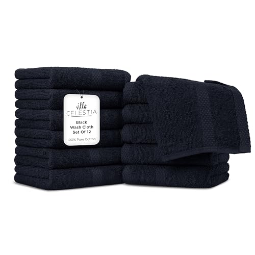 Image of Villa Celestia 100% Cotton Wash Cloth for face & Body Set of 12, (12 x 12 inches) Sustainable, Soft, Highly Absorbent, Combed Cotton Wash Cloths Pack of 12 for Hotels, Spa, Bathroom, Dorm, Black