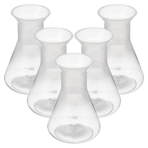 Gorise 5 Stück graduierte Kunststoffkolben, konische Laborkolben, 50 ml, transparente Kunststoff-Laborkolben für wissenschaftliche Experimente