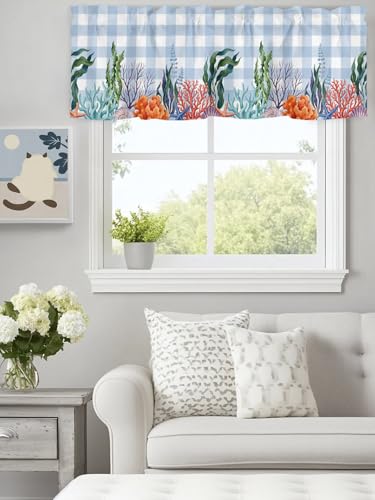 Kitchen Valances for Windows, Watercolor Coral Seaweed Shell Valance Curtain Rod Pocket Valance, Ocean Starfish Blue Checker Short Curtains Window Topper for Bedroom Bathroom Living Room 60x18in