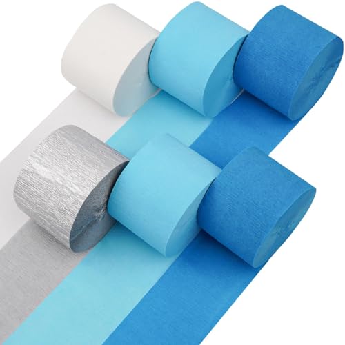 Image of 6 Light Blue Streamers, 492ft Pack of Crepe Paper Party Decorations | Each roll is 82 ft long and 1.8 Inch wide ideal for Birthday Party Decor, Graduation Parties and Baby Showers