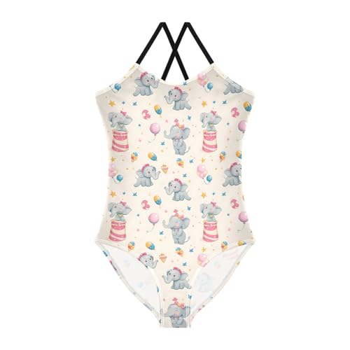 senya Girls Swimsuits One-Piece Swimwear Tie Bathing Suit Beach Summer Round Neck 5-6T Little Elephant Pattern