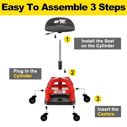 FreekyFit Rolling Shop Stool for Garage with Casters, DO02-Adjustable Height 360° Swivel Shop Seat with Tool Tray Storage, 330 LBS Capacity Padded Mechanic Stool, Red